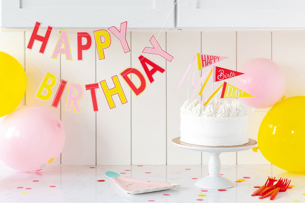 Pink Birthday Pennant Cake Toppers